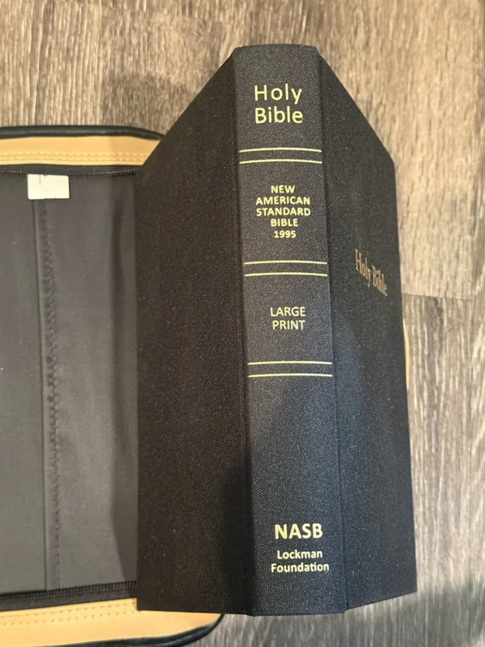 Vegan Leather Bible Book Cover W/ Handles and Pockets Tan Black Trim Free Bible